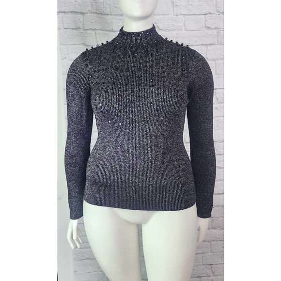 00s 90s Metallic Silver black beaded ribbed turtle neck Sweater size Large - Picture 3 of 5